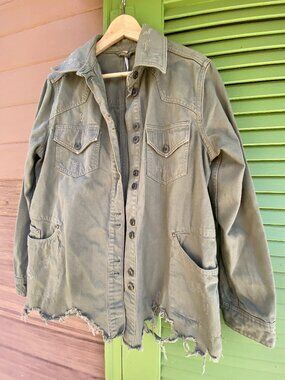 Free People Moonchild Distressed Denim Shirt Shacket in Army Olive -Size Small